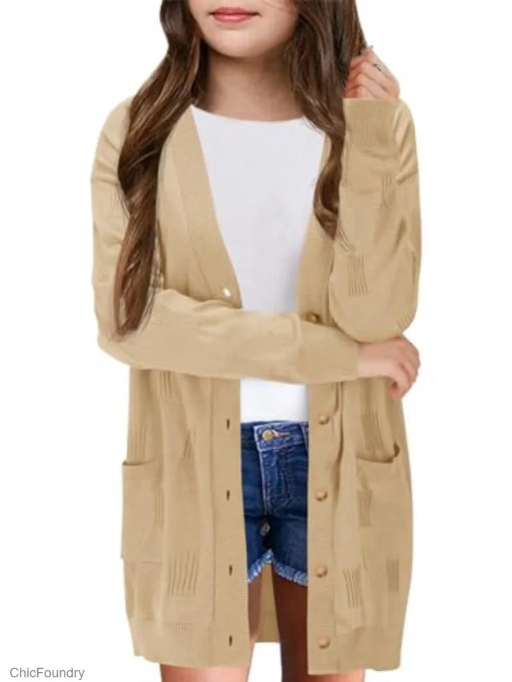 Girls Open Front Knit Cardigan with Pockets, Long Sleeve, V-Neck, Fall